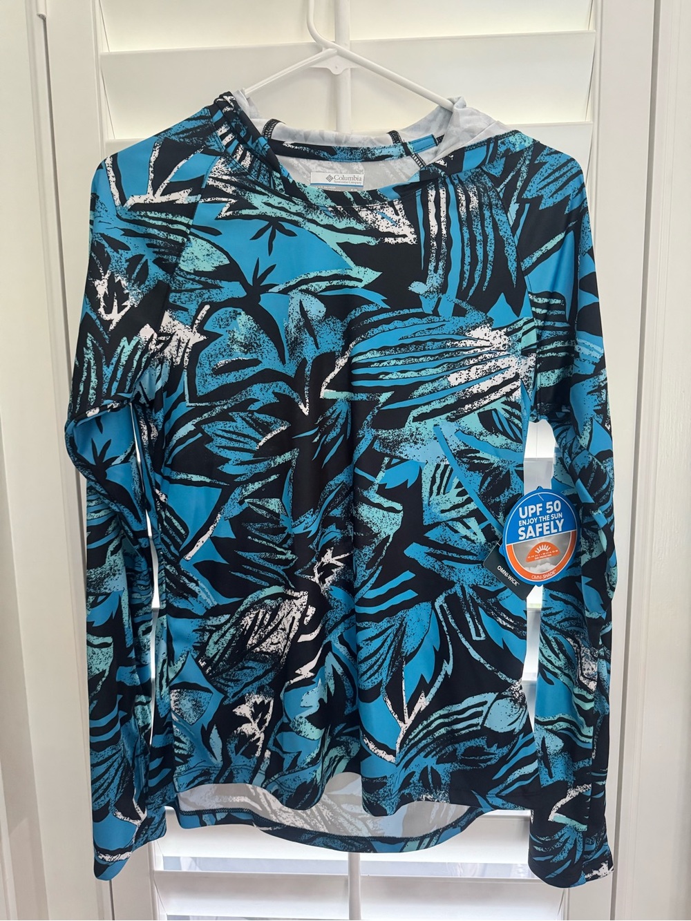 Columbia Turquoise and Black Tropical Print Rash Guard